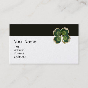 TARJETA DE VISITA ELEGANTE JOYA DE TRÉBOL DE ORO VERDE CON PERLAS