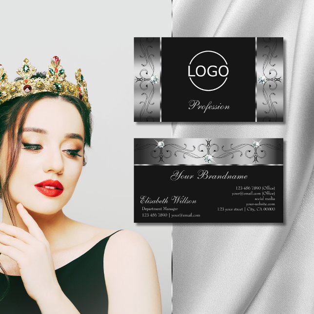 Tarjeta De Visita Elegante Joyas de Banda Negra Plata con Logo (Subido por el creador)