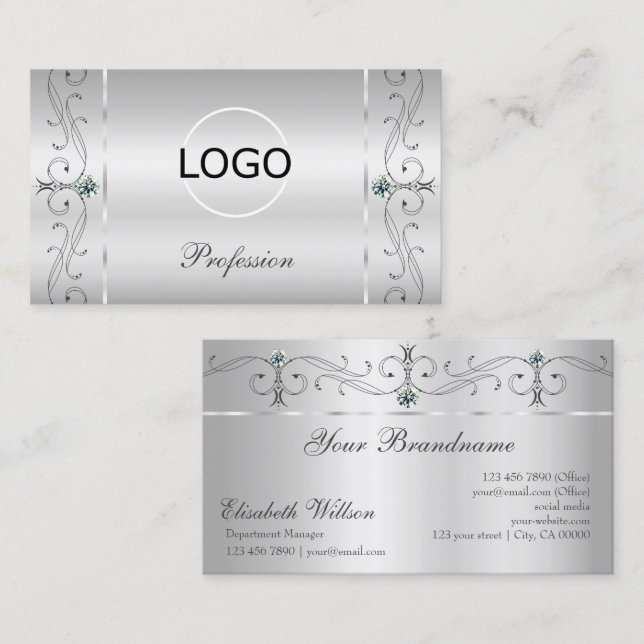 Tarjeta De Visita Elegante joyas de contrabando de plata con logotip (Anverso / Reverso)