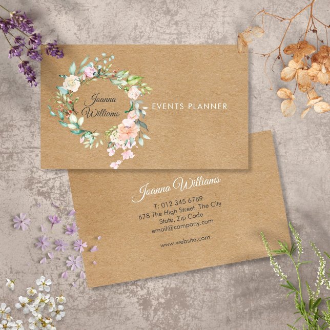 Tarjeta De Visita Elegante Kraft Boho Rosa Garland Floral (Elegant Rustic Kraft Boho Rose Garland Floral Business Card)