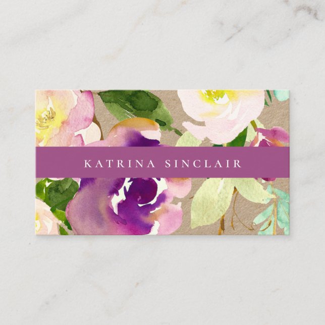Tarjeta De Visita Elegante Kraft floral acuarela moderna (Anverso)