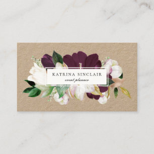 Tarjeta De Visita Elegante Kraft floral morado de ciruela marfil