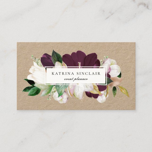 Tarjeta De Visita Elegante Kraft floral morado de ciruela marfil (Anverso)