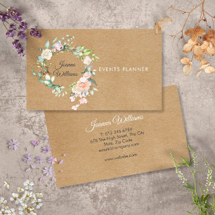 Tarjeta De Visita Elegante Kraft Rústico Boho Guirnalda Floral de Ro