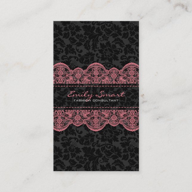 Tarjeta De Visita Elegante Lace rosa de damascos negros (Anverso)