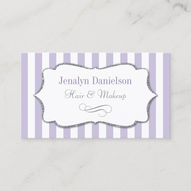Tarjeta De Visita Elegante Lavanda Lilac Purple Stripe Plata Gris (Anverso)