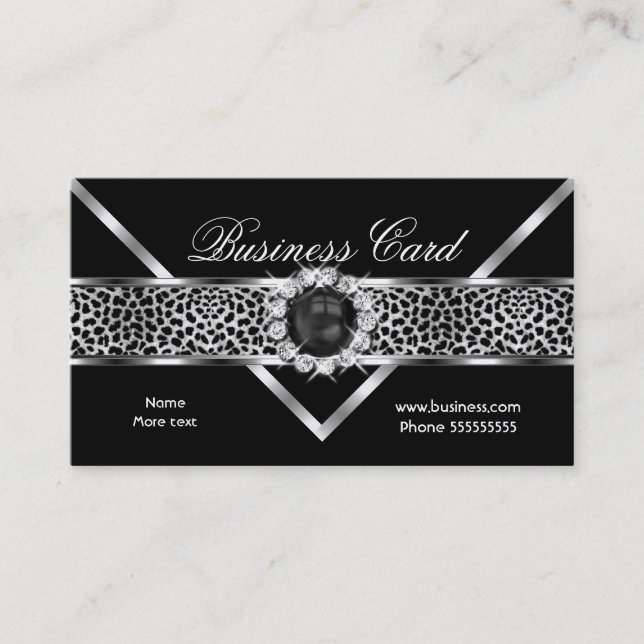 Tarjeta De Visita Elegante Leopard Black Silver Diamond Black Pearl (Anverso)
