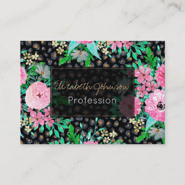 Tarjeta De Visita Elegante Leopard Print & Pink Floral Black design (Anverso)