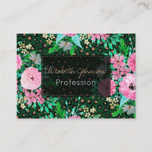Tarjeta De Visita Elegante Leopard Print Pink Floral Green Design (Anverso)