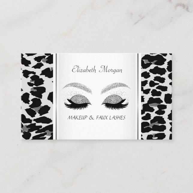 Tarjeta De Visita Elegante, Leopard Print, Purpurinas plateados (Anverso)