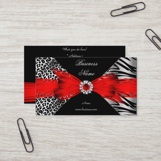 Tarjeta De Visita Elegante Leopardo de cebra negro rojo (Anverso/Reverso In Situ)