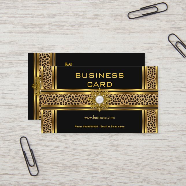 Tarjeta De Visita Elegante Leopardo negro dorado con joyas (Anverso/Reverso In Situ)