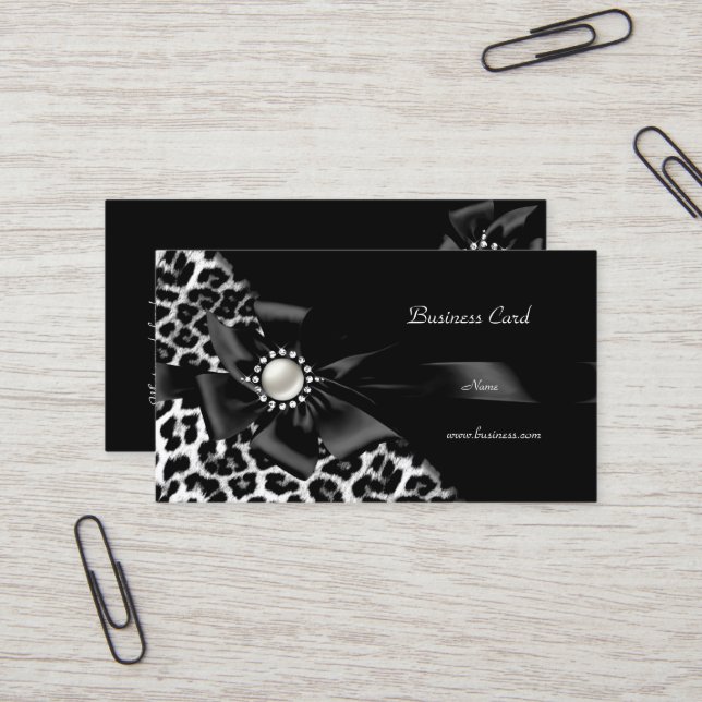Tarjeta De Visita Elegante leopardo negro plateado diamante (Anverso/Reverso In Situ)