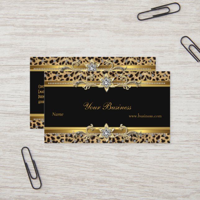 Tarjeta De Visita Elegante Leopardo Oro Negro Elegante (Anverso/Reverso In Situ)