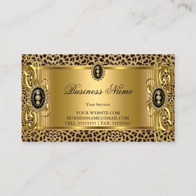 Tarjeta De Visita Elegante leopardo salvaje oro jewel negro (Anverso)