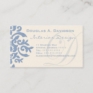 Tarjeta De Visita Elegante letra D azul y crema Damasco