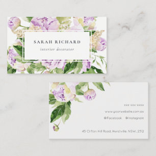 Tarjeta De Visita Elegante Limpio Púrpura Verde Acuarela Peonía Flor