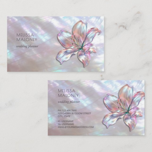 Tarjeta De Visita Elegante Lirio Iridescente Holográfico (Anverso / Reverso)