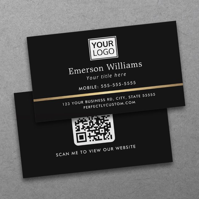 Tarjeta De Visita Elegante logo código QR divisor de gradiente dorad (Professional, black, elegant business cards with a golden gradient border, logo and QR code)
