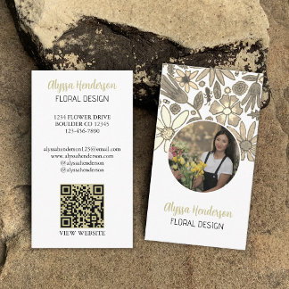Tarjeta De Visita Elegante Logo de Código QR de Foto Floral Blanco y