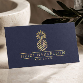 Tarjeta De Visita Elegante logo de la piña dorada en azul oscuro