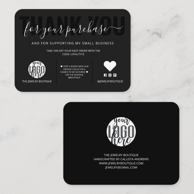 Tarjeta De Visita Elegante Logo de White Black Script Gracias Al Cli (Anverso / Reverso)