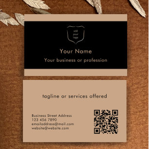 Tarjeta De Visita Elegante logo negro y bronceado Código QR Profesio