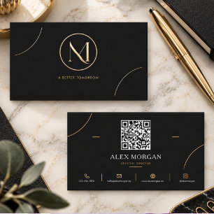 Tarjeta De Visita Elegante Logotipo Circular Negro y Dorado Moderno 
