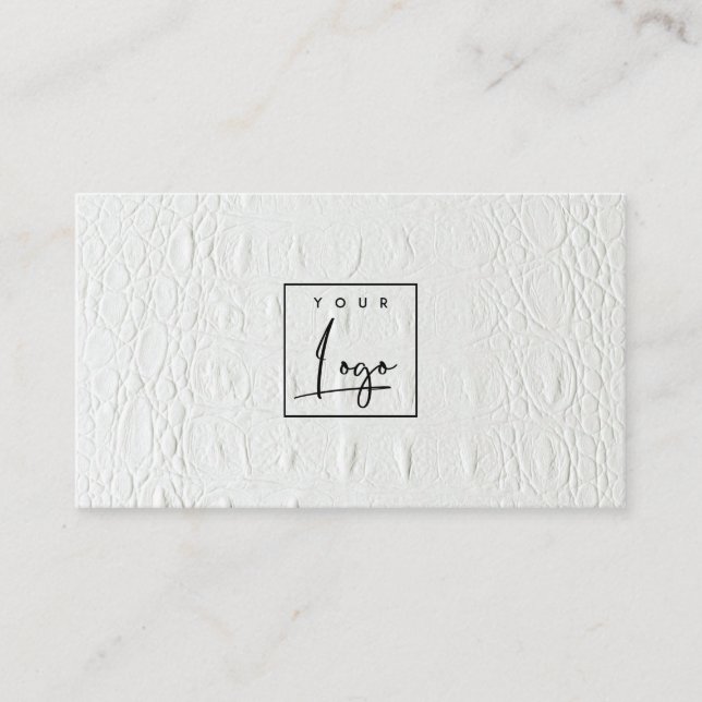 Tarjeta De Visita Elegante Logotipo Clásico Textura de cuero blanco  (Anverso)