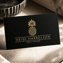 Tarjeta De Visita Elegante logotipo de piña dorada en negro
