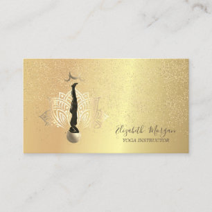 Tarjeta De Visita Elegante Loto Dorado Confeti Silueta Yoga Luna