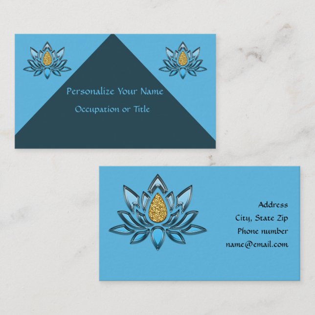 Tarjeta De Visita Elegante Lotus Flor Blue Silver Gold Zen Yoga (Anverso / Reverso)