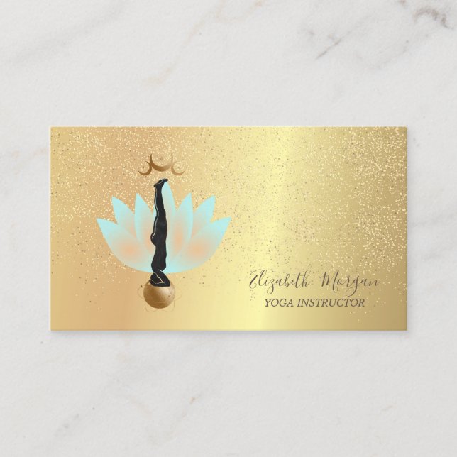 Tarjeta De Visita Elegante Lotus Gold Confetti Yoga Silhouette Moon (Anverso)