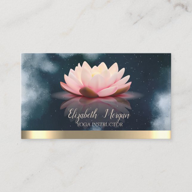 Tarjeta De Visita Elegante Lotus Gold Stripe Navy Yoga Azul (Anverso)
