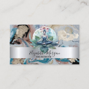 Tarjeta De Visita Elegante lotus niña mármol franja plateada