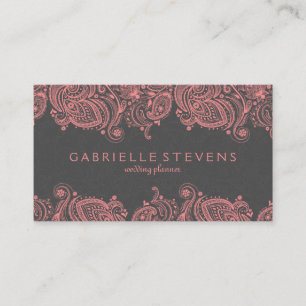 Tarjeta De Visita Elegante Lugar Rosa Y Paisley Gris