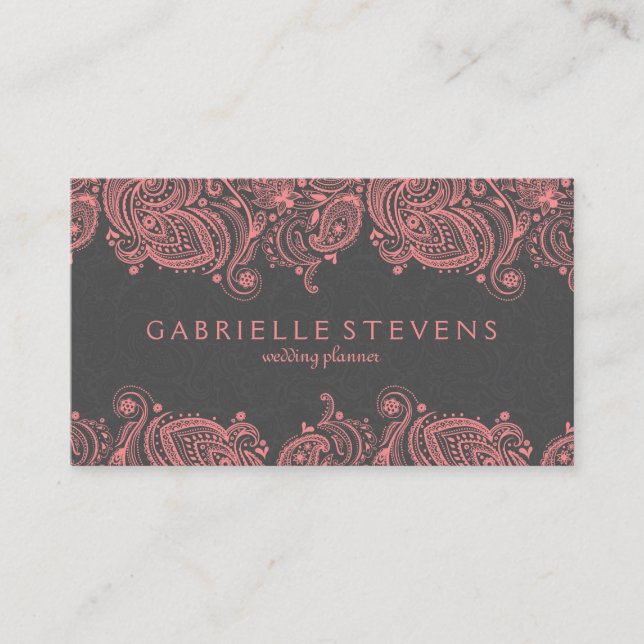 Tarjeta De Visita Elegante Lugar Rosa Y Paisley Gris (Anverso)