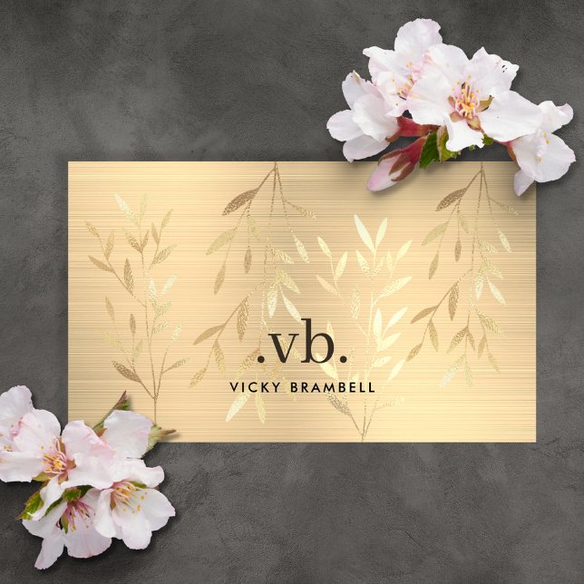 Tarjeta De Visita Elegante lujo dorado deja monograma esteticista (Elegant Luxury Gold Leaves Monogram Esthetician Business Card 1)
