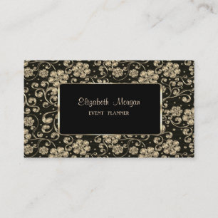 Tarjeta De Visita Elegante Lujo Elegante, Flores De Oro, Marco