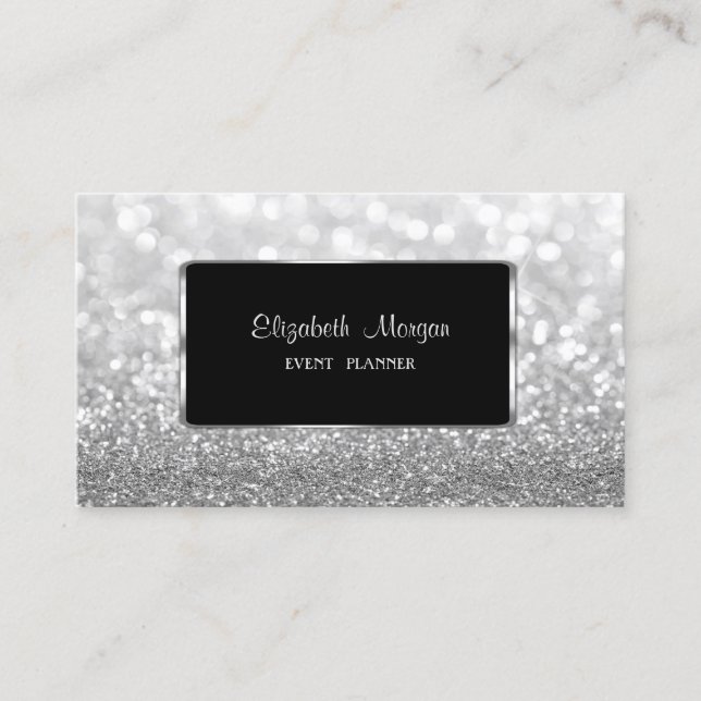 Tarjeta De Visita Elegante Lujo Elegante, Moderno, Glitter PlateadoB (Anverso)