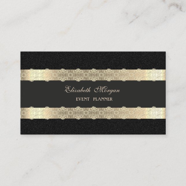 Tarjeta De Visita Elegante Lujo Moderno, Banda De Oro,Lace,Negro (Anverso)