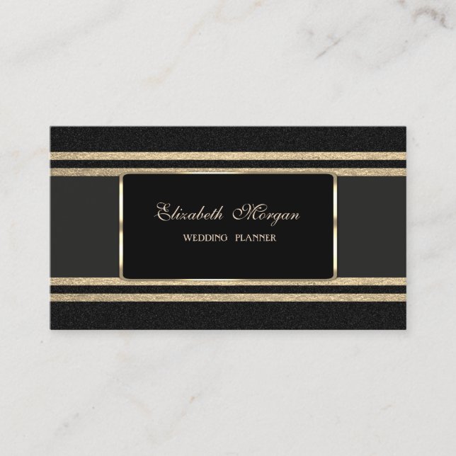 Tarjeta De Visita Elegante Lujo, Negro, Faux Gold Stripes Purpurinos (Anverso)