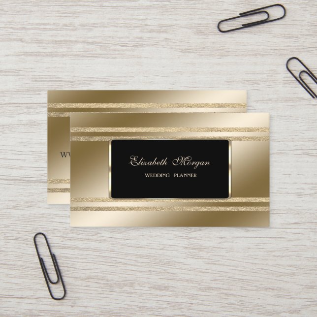 Tarjeta De Visita Elegante Lujo, Negro, Faux Gold Stripes Purpurinos (Anverso/Reverso In Situ)