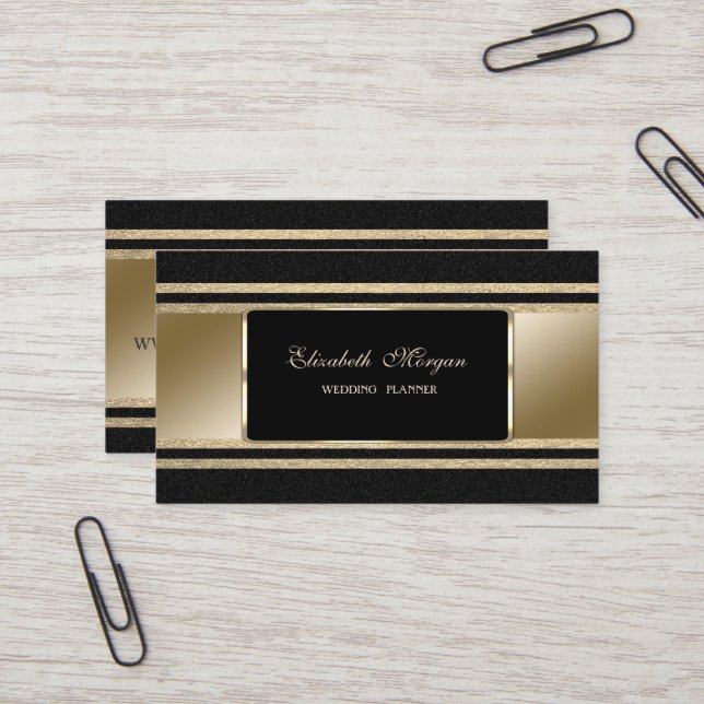 Tarjeta De Visita Elegante Lujo, Negro, Faux Gold Stripes Purpurinos (Anverso/Reverso In Situ)