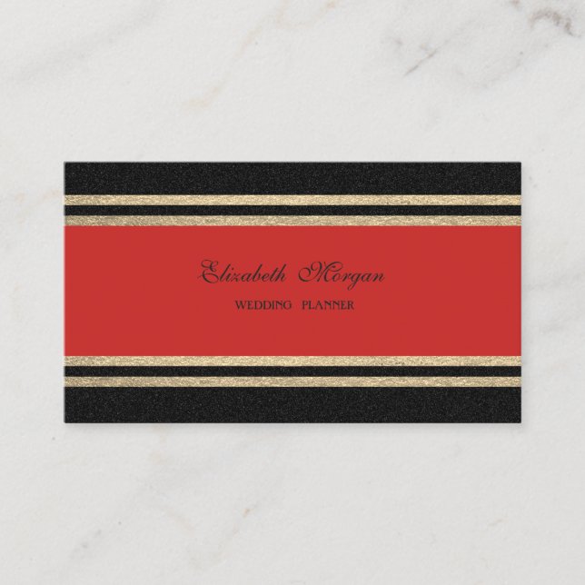 Tarjeta De Visita Elegante Lujo, Rojo, Faux Gold Stripes Purpurinoso (Anverso)
