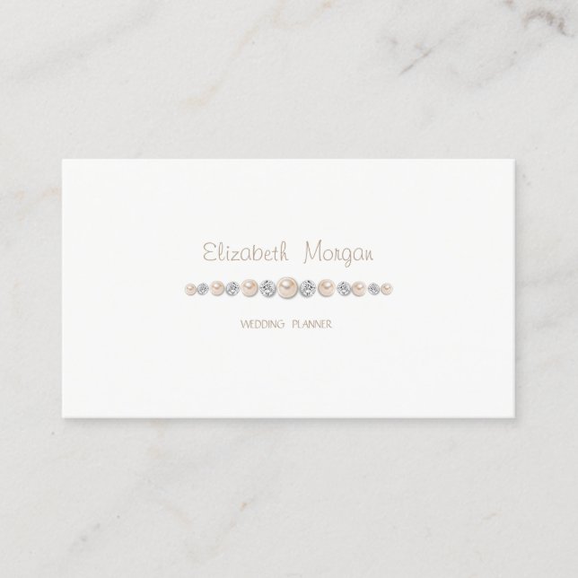Tarjeta De Visita Elegante Lujo Simple, Blanco ,Diamantes,Perlas (Anverso)