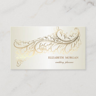 Tarjeta De Visita Elegante Lujo Vintage Pluma Dorada