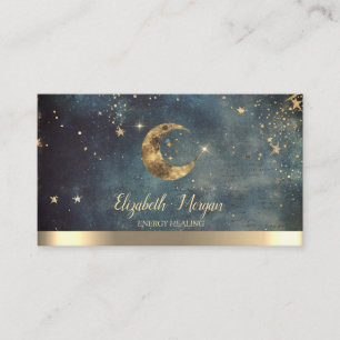 Tarjeta De Visita Elegante Luna de Oro Estrellas Acuarela
