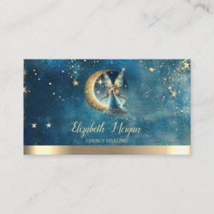 Tarjeta De Visita Elegante Luna Dorada Hada Estrellas Acuarela Azul
