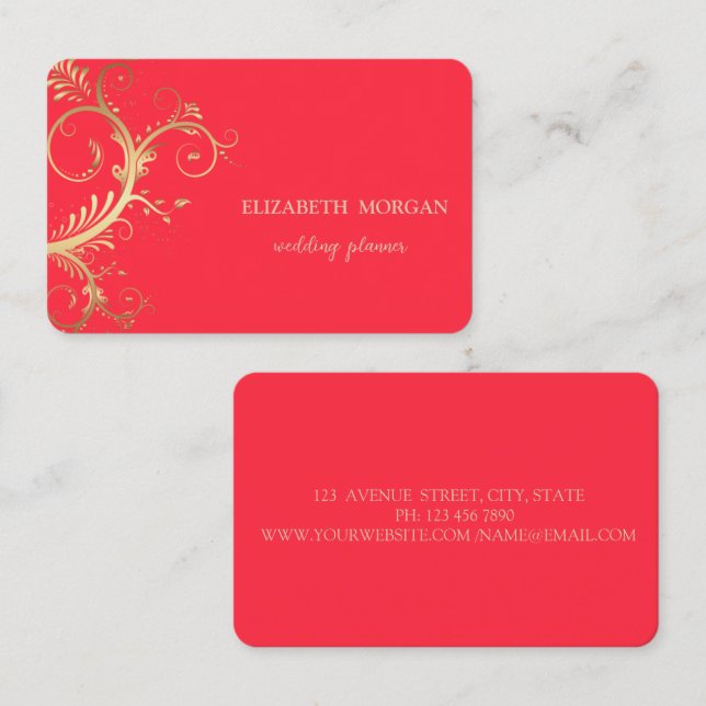 Tarjeta De Visita Elegante Luxury Gold Swirls Red (Anverso / Reverso)